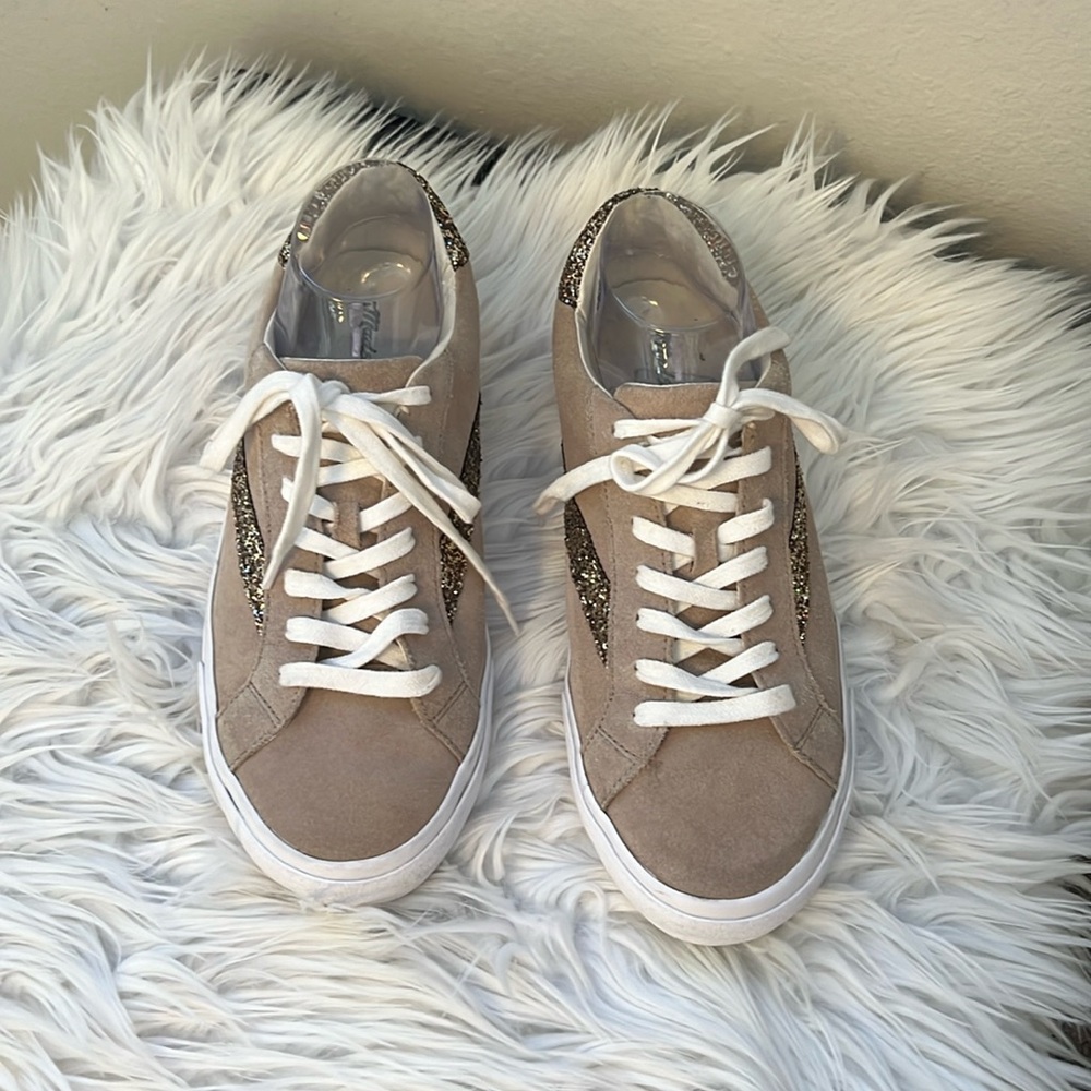 Madewell Sidewalk Glitter Accented Tan Low-Top Suede Sneakers Size 10
